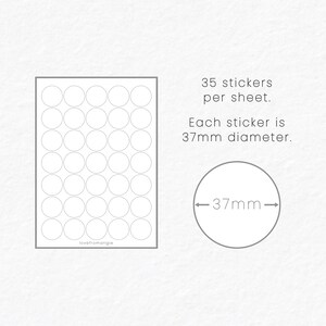 May include: A sheet of 35 white round stickers, each measuring 37mm in diameter. The sheet is divided into a grid of 7 rows and 5 columns. The text "lovefromangie" is printed in the bottom left corner.