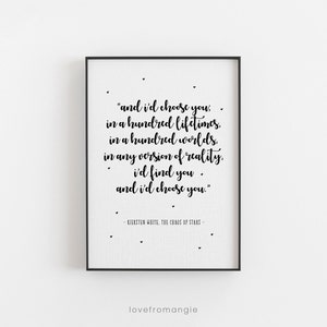 I’d choose you; in a hundred lifetimes, in a hundred worlds, in any version of reality.. The Chaos of Stars - Love Quote Print, Love Poem