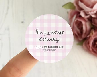 Gingham Baby Shower Stickers - "The Sweetest Delivery" // Personalised Baby Shower Stickers, New Baby Gift, Baby Shower Baked Goods Labels