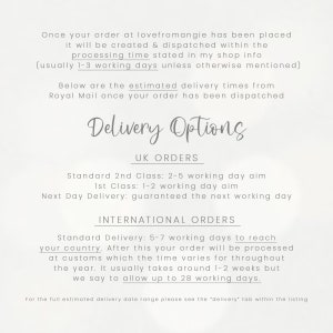 May include: Text on a light background details delivery options for orders. It includes UK and international shipping information, specifying estimated delivery times for various services. The text also mentions processing times and customs procedures.