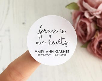 Forever In Our Hearts - Personalised Funeral Stickers // Memorial Stickers, Natural Funeral Seed Packet Favour Stickers, Funeral Gift Labels