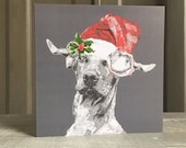 Christmas Card (Single)- Hungarian Vizsla with Christmas Hat and Holly