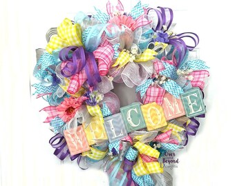 Corona de bienvenida de primavera, Corona de bienvenida para puerta de entrada, Coronas con cartel de bienvenida, Corona pastel, Corona de malla de primavera, Corona de primavera, Coronas