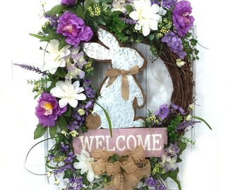 Corona rústica de Pascua, corona de primavera de conejo, corona rústica de conejo, corona de Pascua, corona rústica para puerta de entrada, corona de Pascua de conejo, corona XL