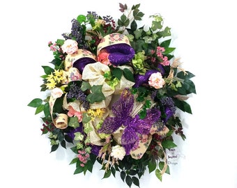 Corona de cabaña, Corona de jardín para puerta de entrada, Corona morada, Corona de interior, Corona de exterior, Corona para puerta de entrada, Corona de mariposa