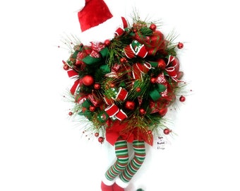 Corona navideña de elfo, corona de elfo para puerta de entrada, corona XL, decoración navideña para puerta, decoraciones navideñas únicas para puerta, malla decorativa para corona de elfo