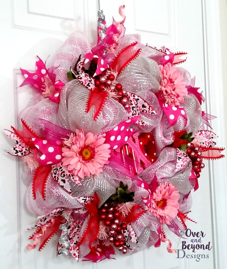 Outdoor valentine wreath, valentine wreath, valentine mesh wreaths, wreaths for valentines day, Valentine door wreath, Valentine door decor image 2