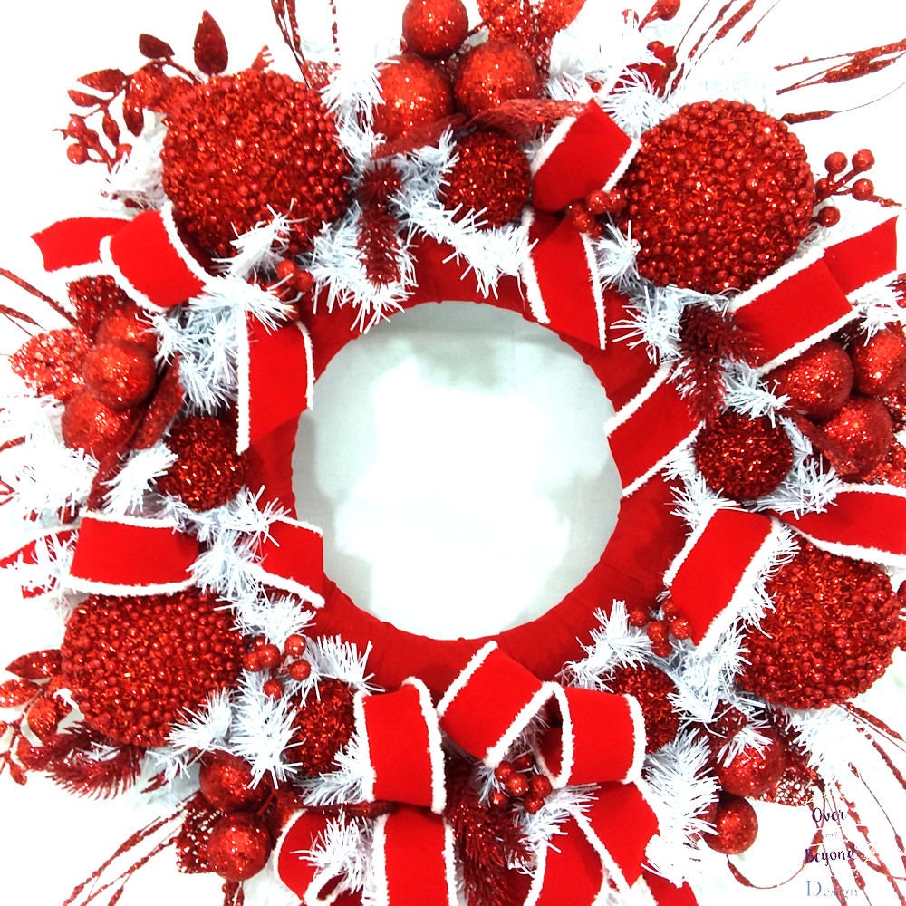 Red and White Christmas Wreath, Christmas Wreaths for Front Door,