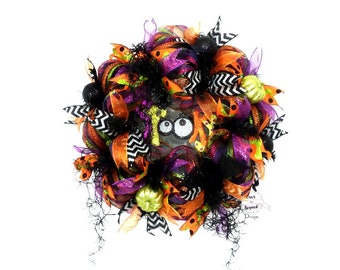 Corona de Halloween para puerta, corona espeluznante, corona de Halloween, corona de Halloween con forma de murciélago, corona de Halloween con forma de araña, corona para puerta de entrada, corona de malla