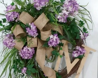 Corona de vid con monograma, corona de vid con monograma, corona de monograma, corona de hortensia con monograma, corona de verano, corona de hortensia morada