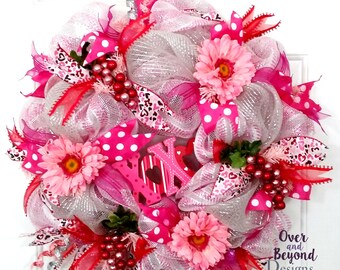 Corona de San Valentín para exteriores, corona de San Valentín, coronas de malla de San Valentín, coronas para el día de San Valentín, corona de puerta de San Valentín, decoración de puerta de San Valentín