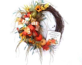 Corona de otoño para puerta de entrada, corona de vid de otoño, coronas de otoño, corona de otoño de granja, corona con calabazas, corona de puerta de otoño, decoración de otoño