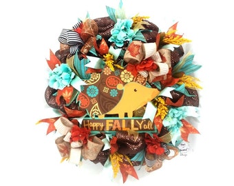 Unique Fall wreath for front door, Country Fall wreath, Fall decorations, Door decor Fall, Rustic orange and teal