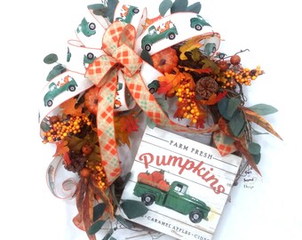 Green truck wreath Fall front door, Vintage truck wreath, Farmhouse door decor, Pumpkin Fall leaf decor, Rustic grapevine wreath, Fall door