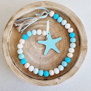 Beach Themed Wooden Beaded Garland Farmhouse Blue Ombre Coastal Seaside Tiered Tray Decor Wood Starfish