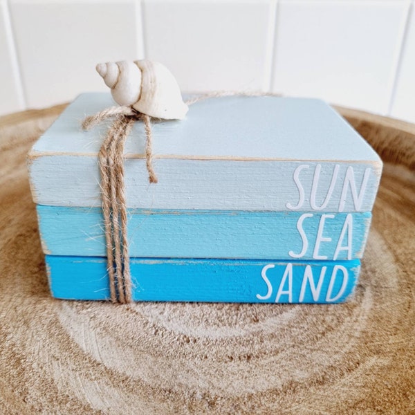 Beach Themed Decor Mini Wood Book Stack Seaside Coast Tiered Tray Decor Wooden Books Shell Decoration Sun Sea Sand