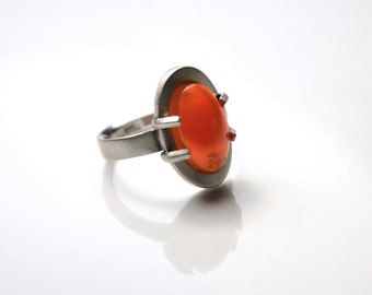 Silver Prong Set Oval Fire Opal Ring - Statement Ring - Sterling Silver Ring - American Fire Opal Ring