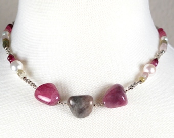 Tumbled Sapphires In Shades Of Rose and Green, White Luminous Pearls And Sterling Silver Necklace