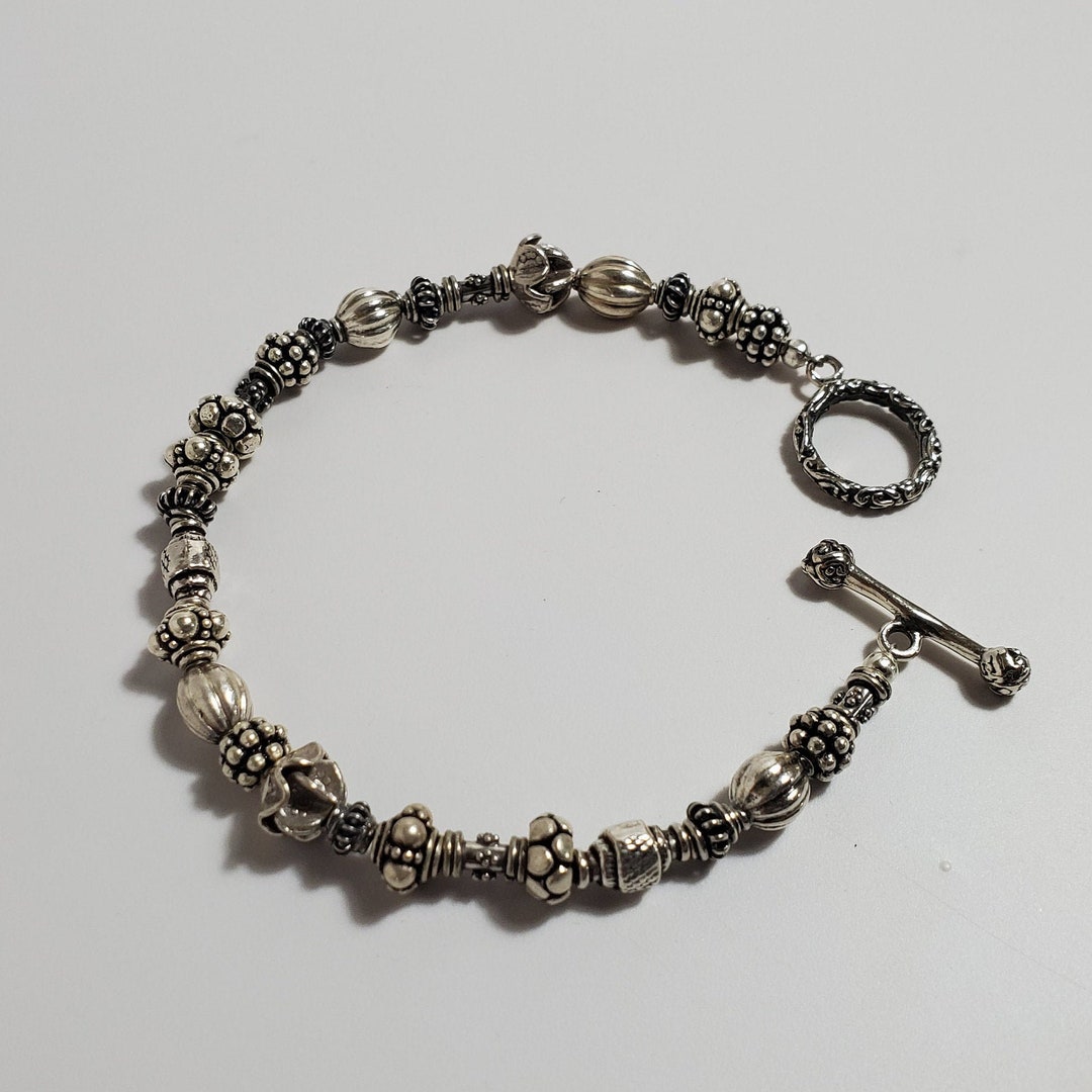 Sterling Silver Bali Bead Bracelet Random Beads, Sterling Bali Toggle