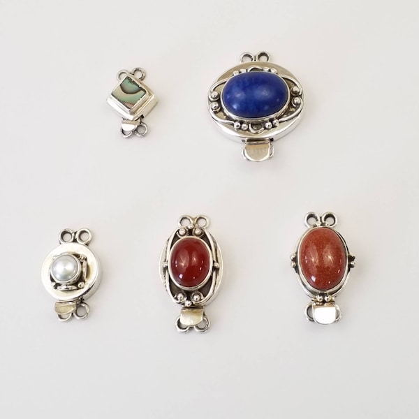 2 (Two) Strand Sterling Silver Stone Box Clasp, Paua Shell, Lapis, Pearl, Carnelian, Goldstone, Gemstone Clasp Top Quality JBB Findings Bali