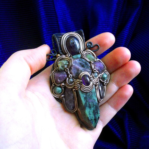 Enchanted Woods - Ruby in Zoisite, Raw Hexagon Ruby, Peridot, Seraphinite, Amethyst & Green Tourmaline Polymer Clay Wrap Pendant;Forest Fae