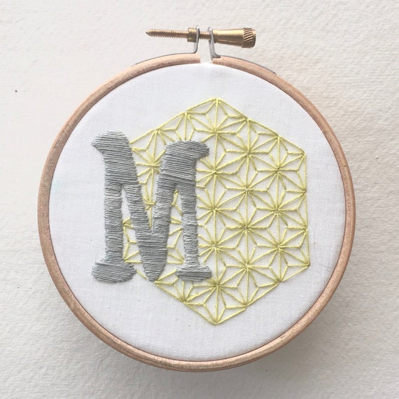 Geometric initial, hand embroidered monogram