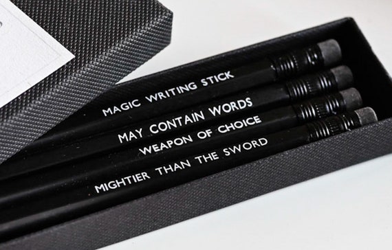 Writers Pencil Gift Set Set of 4 Humorous Black and White Pencils 