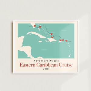 Caribbean Cruise Gift, Personalized Cruise Travel Map, Eastern Caribbean Vacation Route, Christmas Cruise Traveling Gift