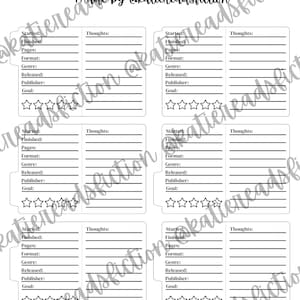 May include: Four black and white printable book review mini folders with lines for writing down details about the book, such as the title, author, genre, and rating. Each folder has a five-star rating system.