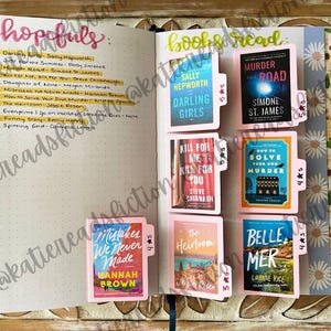May include: An open book with a list of books to read and a list of books already read. The books read are marked with pink tabs and the titles are visible. The books to read are marked with yellow tabs.