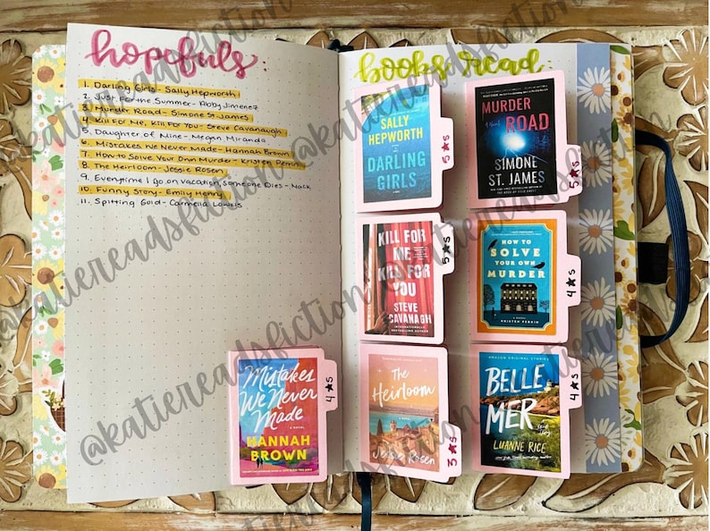 May include: An open book with a list of books to read and a list of books already read. The books read are marked with pink tabs and the titles are visible. The books to read are marked with yellow tabs.