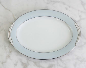 Noritake Bluedale 5533 12" Oval Serving Platter, Blue and White China Dinnerware With Platinum Trim