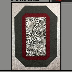May include: A quilt pattern design titled "Foxfire" featuring a red, gray, and white color scheme. The center of the quilt features a black and white illustration of a zebra, tiger, elephant, and leopard. The quilt pattern is by Villa Rosa Designs.