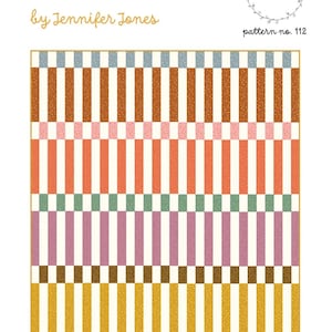 May include: A quilt pattern titled Madeline by Jennifer Jones, pattern no. 112 by Penelope Handmade. The design features horizontal rows of vertical rectangular blocks in alternating colors including blue, brown, pink, orange, green, purple, and yellow.