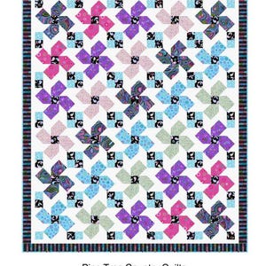 May include: A quilt pattern called "All in a Row" featuring a repeating pattern of colorful four-pointed stars on a white background. The quilt is bordered with a black and blue striped fabric. The text "Pine Tree Country Quilts" is at the bottom of the image, along with the company's address and website.