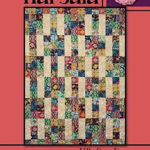 Könnte beinhalten: Marsala-Quilt mit einem Patchwork-Design mit Blumenmustern in verschiedenen Farben. Der Quilt hat abwechselnd vertikale beige Streifen. Der Text "Marsala" und "Villa Rosa Designs" sind sichtbar.