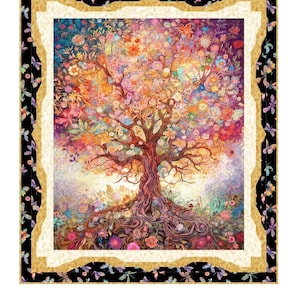 Peut inclure: Une courtepointe colorée représentant un grand arbre aux racines et aux branches complexes, entouré de fleurs et de papillons. La courtepointe est encadrée d'une bordure noire et dorée. Le texte "Spring Portrait" est en haut de l'image. Le texte "Pine Tree Country Quilts" est en bas de l'image, ainsi que l'adresse et le site Web de l'entreprise.