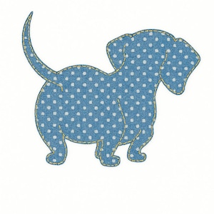 Può includere: Applicazione a forma di bassotto blu con pois bianchi. Il cane ha cuciture gialle sui bordi, su sfondo bianco. Adatta per vari progetti di artigianato e cucito.