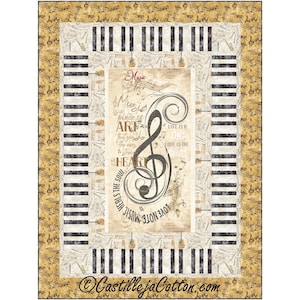 May include: A vintage-style fabric design featuring a treble clef and musical notes with the text "Music is a piece of art that goes to the ears & straight to the heart. Life is a song. Love is the music. Music heals the soul." The design is surrounded by a black and white piano key border.