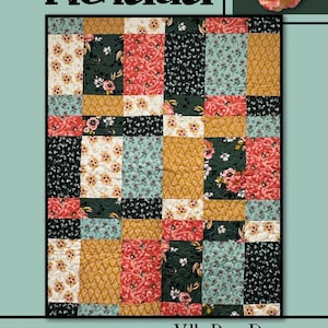 May include: A quilt pattern called "Nevada" by Villa Rosa Designs. The quilt is made up of squares in various floral prints, including green, red, yellow, and white. The quilt is surrounded by a border of green leaves and orange birds.