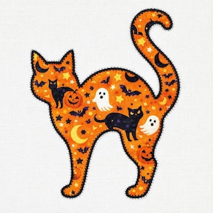 May include: Orange cat-shaped Halloween decoration with black stitching. The cat is filled with stars, moons, bats, ghosts, and jack-o'-lanterns. Two black cats and two white ghosts are visible on the cat's body. The background is white.