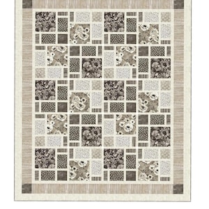 May include: A quilt pattern called "Shadowed Tiles" featuring a patchwork design of brown, beige, and white squares with floral patterns. The quilt is made by Pine Tree Country Quilts, PO Box 343, Stillwater, ME 04489 (207) 827-3876, www.pinetreecountryquilts.com.