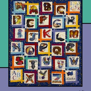 May include: A quilt pattern featuring the alphabet with each letter represented by a different animal or object. The quilt is on a blue background with gold stars. The title of the pattern is "Dancing Corners".