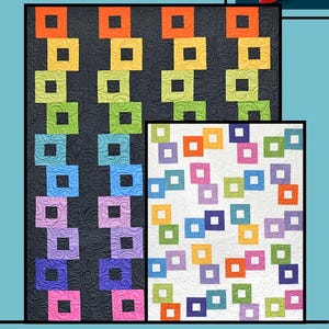 May include: A quilt pattern design featuring the word "GEMINI" at the top. The design includes two quilts, one with a black background and colorful square patterns, and another with a white background and similar patterns. The text "Villa Rosa Designs" is at the bottom.