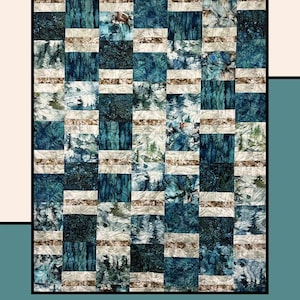 May include: A patchwork quilt with a forest-themed design. The quilt features a grid pattern of blue, green, and white fabric squares, with horizontal bands of beige. The text "Bouquet Garni" is at the top, and "Heidi Cook for Villa Rosa Designs" is at the bottom.