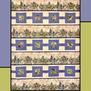 Peut inclure: Un motif de tissu matelassé avec le texte "Link Up" en haut. La courtepointe présente des rangées alternées de motifs floraux et de carrés bleus dans des carrés. Le coin inférieur gauche porte le texte "Molly Cook for Villa Rosa Designs".