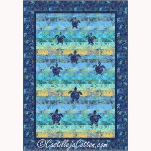 Turtles Swimming Away PDF Quilt Pattern- Lap Size, Advanced Beginner, Blue, Fusible Appliqué & Pieced
