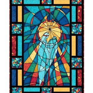 May include: A quilt pattern in the style of stained glass, labelled "Nativity Window." The design shows two figures in light blue at the centre, with a yellow and orange sunburst. The border is made up of colourful geometric shapes. The text "Nativity Window" is at the top.