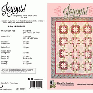 May include: Quilt pattern instructions for a Joyous quilt, designed by Jamie Janow Elfert. The quilt is 69 inches by 86 inches and features a pink background with nine red, green, cream, and beige star-shaped blocks. The pattern includes a list of fabric requirements and cutting instructions.