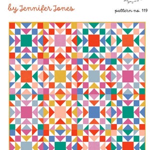 May include: A quilt pattern titled Felix by Jennifer Jones for Penelope Handmade, pattern no. 119. The design features a grid of colorful geometric star blocks in shades of red, blue, green, yellow, pink, and orange for toddler throws beds.